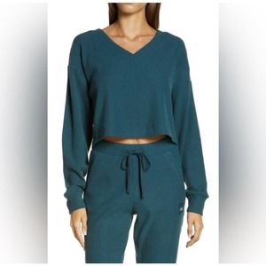 Alo Muse Ribbed Crop Pullover sweater Size L Galactic Teal